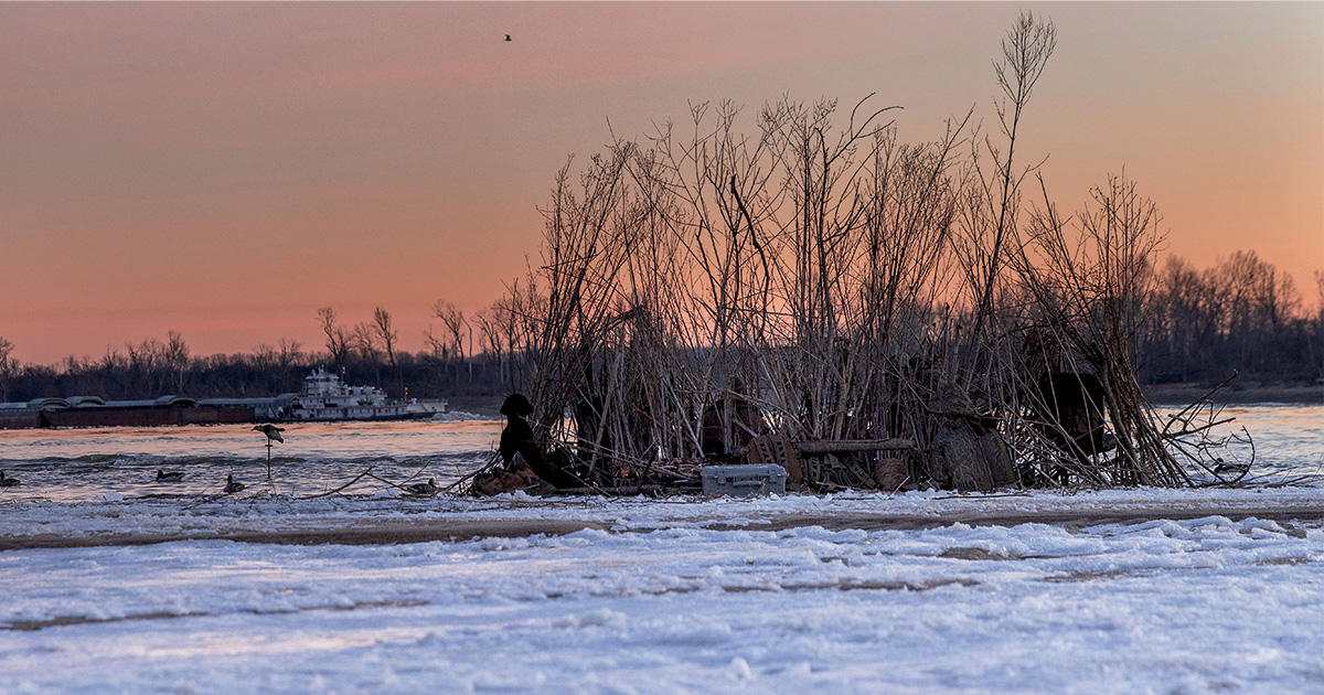 Waterfowl hunting set up on frozen lake. Photo by Ed Wall Media