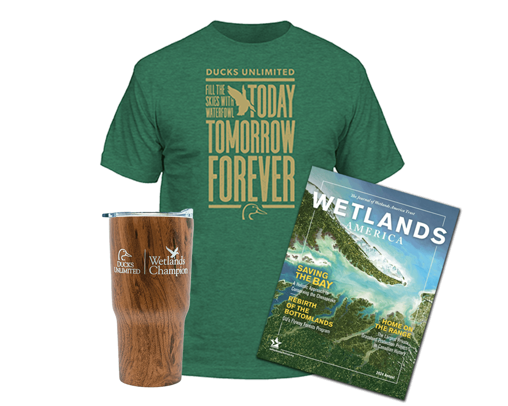 An issue of the Wetlands America magazine, Exclusive Wetland Champion Woodgrain Tumbler, and an Exclusive Wetlands Champion Soft Blend T-Shirt